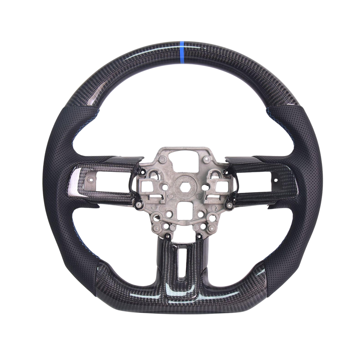 2015-23 Mustang Black Leather Blue Stitching Carbon Fiber Steering Wheel image 2
