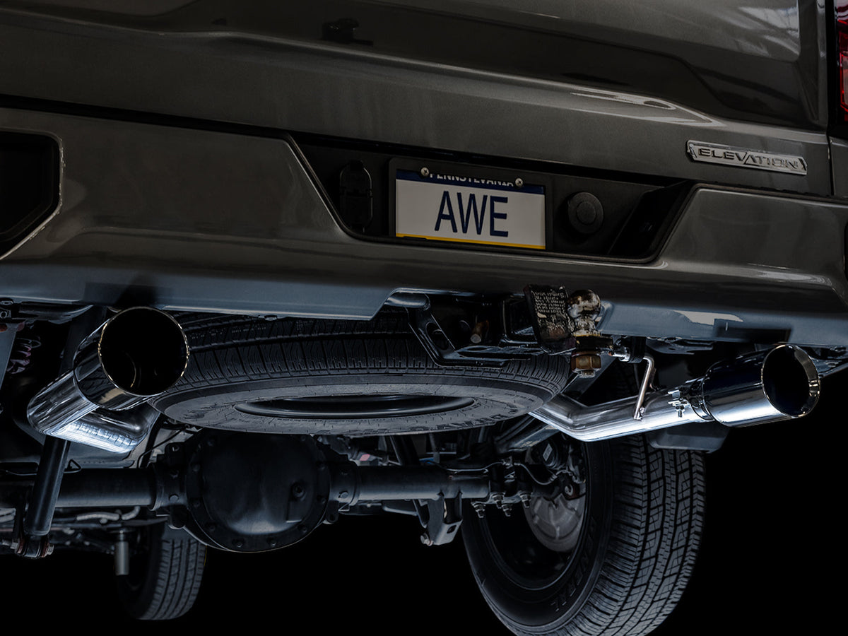AWE 0FG Catback Split Rear Exit Exhaust for 4th Gen Silverado/Sierra 1500 5.3L (Flat Bumper) - Dual Diamond Black Tips image 9