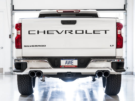 AWE 0FG Catback Split Rear Exit Exhaust for 4th Gen Silverado/Sierra 1500 5.3L (With Bumper Cutouts) - Quad Chrome Silver Tips image 2