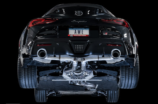 AWE Resonated Track Edition Exhaust for A90 Supra - 5" Chrome Silver Tips image 2
