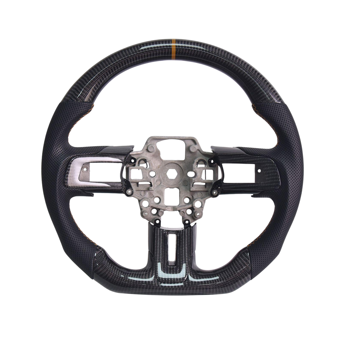 2015-23 Mustang Black Leather Brown Stitching Carbon Fiber Steering Wheel image 2
