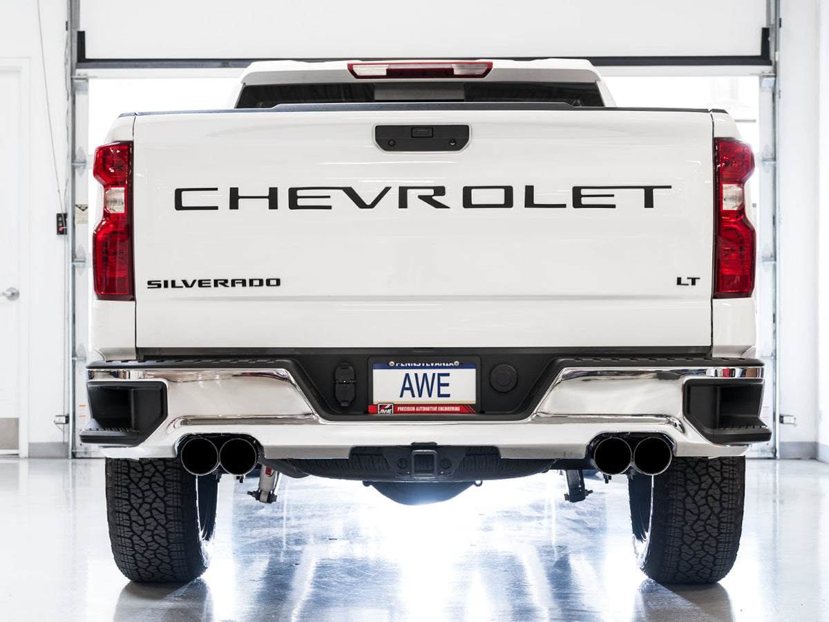 AWE 0FG Catback Split Rear Exit Exhaust for 4th Gen Silverado/Sierra 1500 5.3L (With Bumper Cutouts) - Quad Diamond Black Tips image 3