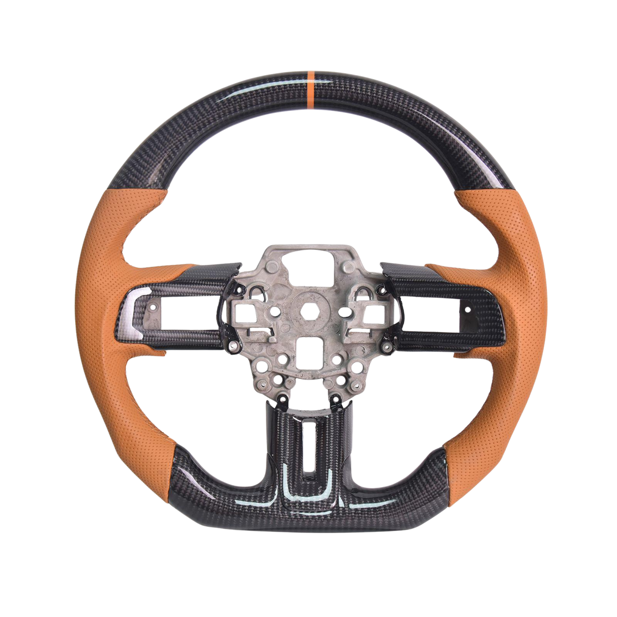 2015-23 Mustang Brown Leather Brown Stitching Carbon Fiber Steering Wheel image 2