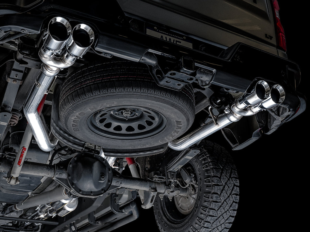 AWE 0FG Catback Split Rear Exit Exhaust for 4th Gen Silverado/Sierra 1500 6.2L (with bumper cutouts) - Quad Chrome Silver Tips image 2