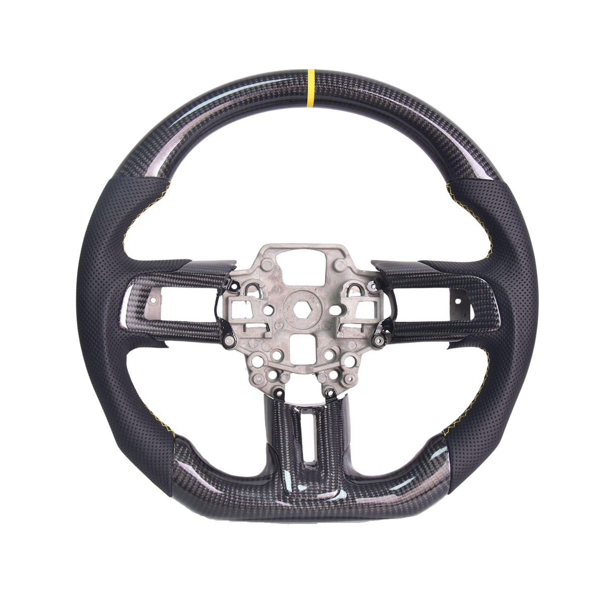 2015-23 Mustang Black Leather Yellow Stitching Carbon Fiber Steering Wheel image 1