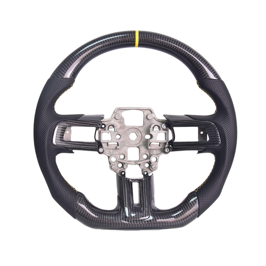 2015-23 Mustang Black Leather Yellow Stitching Carbon Fiber Steering Wheel image 1