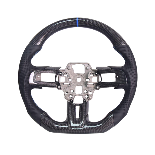 2015-23 Mustang Black Leather Blue Stitching Carbon Fiber Steering Wheel image 2