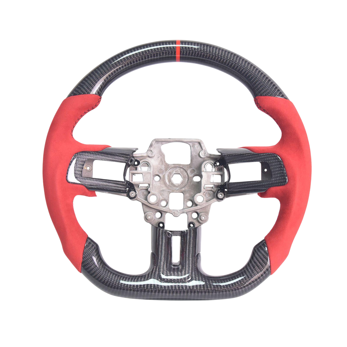 2015-23 Mustang Red Suede Leather Black Stitching Carbon Fiber Steering Wheel image 1