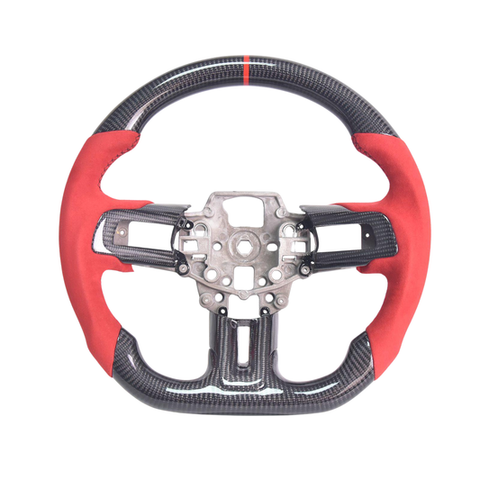 2015-23 Mustang Red Suede Leather Black Stitching Carbon Fiber Steering Wheel image 1