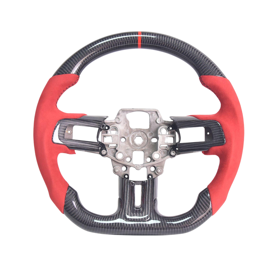 2015-23 Mustang Red Suede Leather Black Stitching Carbon Fiber Steering Wheel image 1