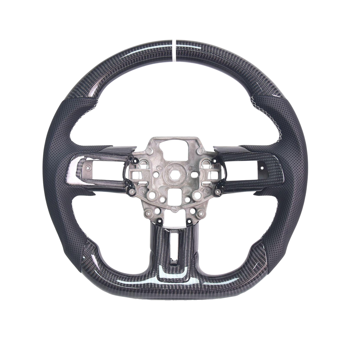 2015-23 Mustang Black Leather White Stitching Carbon Fiber Steering Wheel image 1