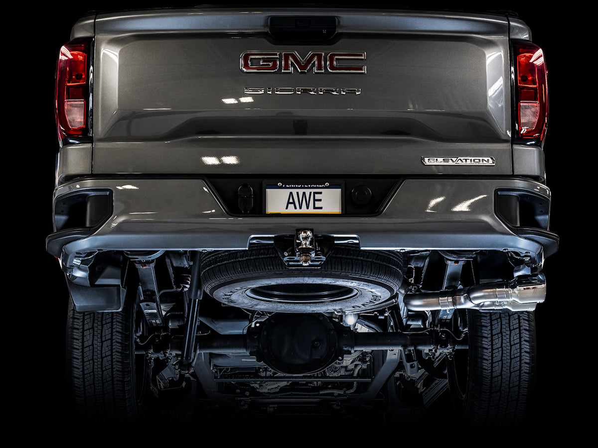AWE 0FG Catback Dual Side Exit Exhaust for 4th Gen Silverado/Sierra 1500 5.3L (Flat Bumper) - Chrome Silver Tips image 3