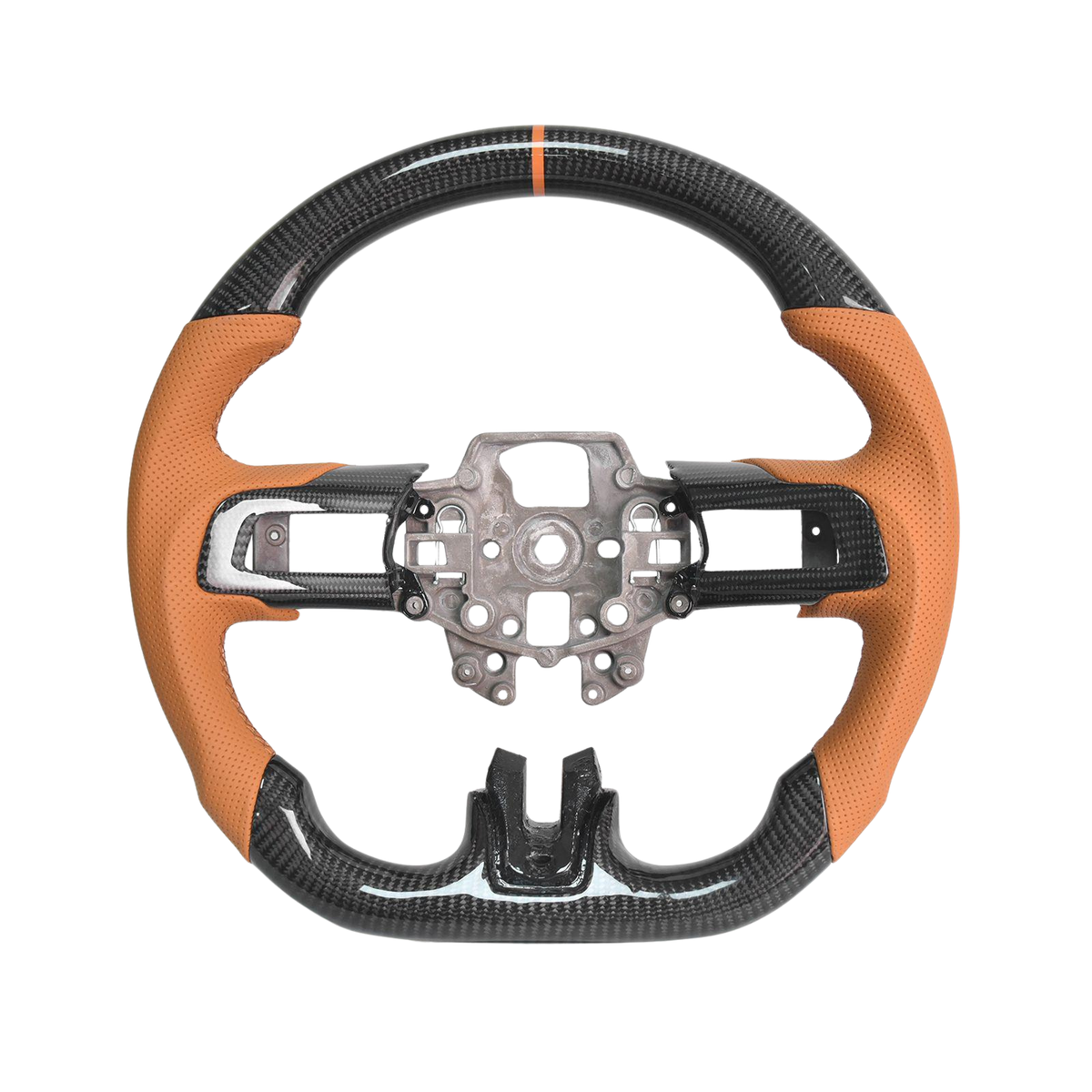 2015-23 Mustang Brown Leather Brown Stitching Carbon Fiber Steering Wheel image 1