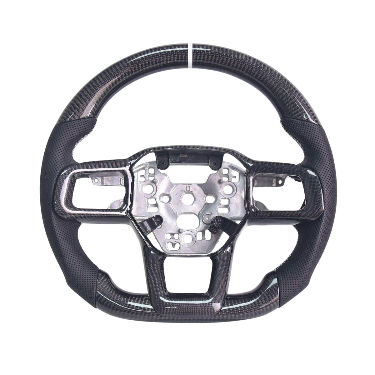 2024-Up Mustang Black Leather White Stitching Carbon Fiber Steering Wheel image 1