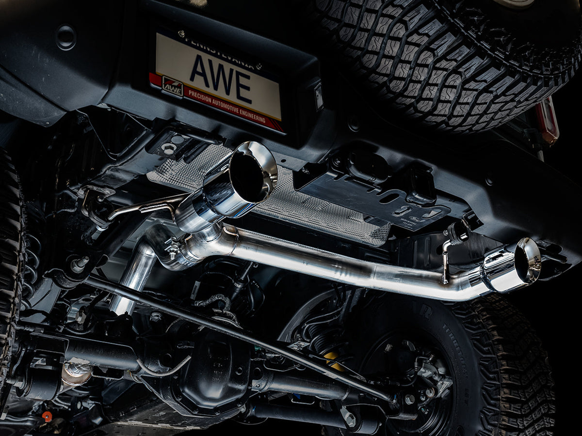 AWE 0FG Catback Exhaust for Ford Bronco with BashGuard™ - Dual 4.5 Chrome Silver Tips image 5