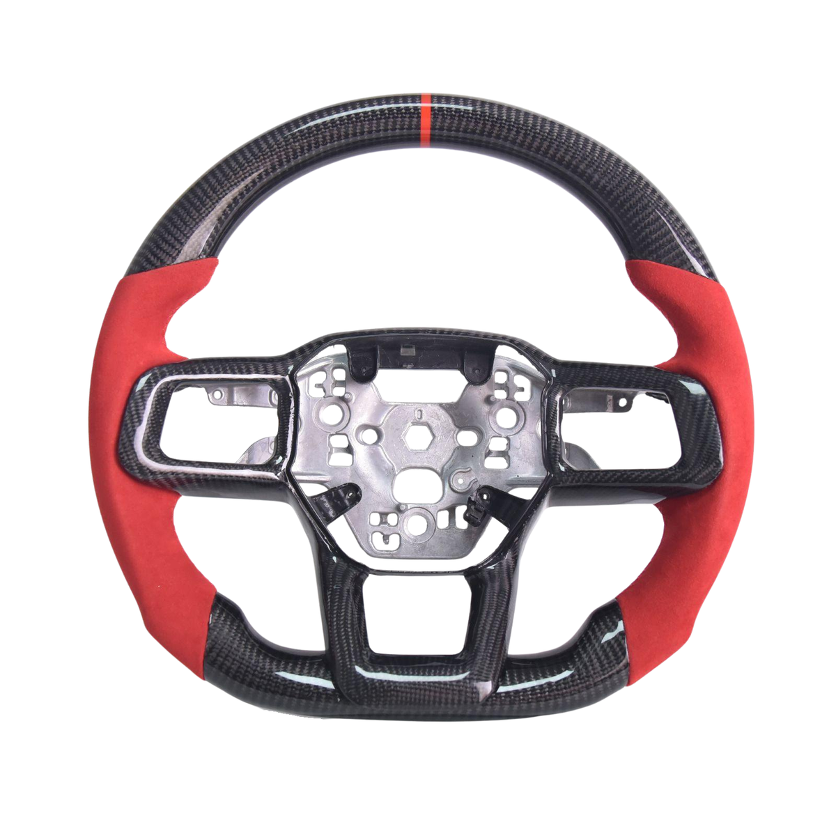 2024-Up Mustang Red Suede Leather Red Stitching Carbon Fiber Steering Wheel image 1