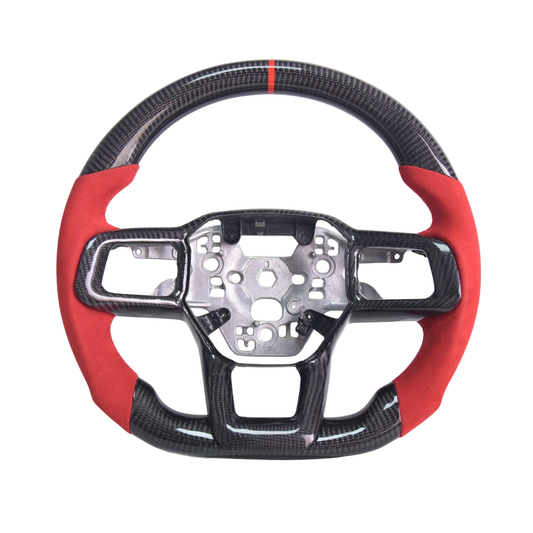 2024-Up Mustang Red Suede Leather Red Stitching Carbon Fiber Steering Wheel image 1