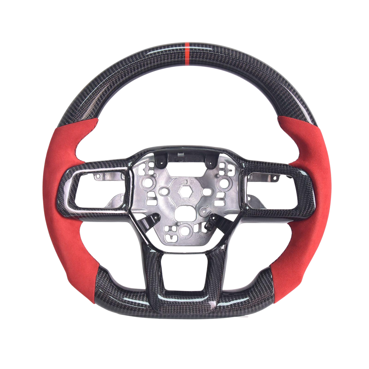 2024-Up Mustang Red Suede Leather Black Stitching Carbon Fiber Steering Wheel image 1