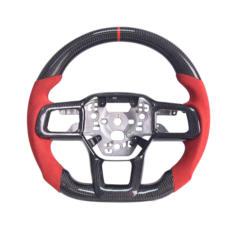 2024-Up Mustang Red Suede Leather Black Stitching Carbon Fiber Steering Wheel image 1