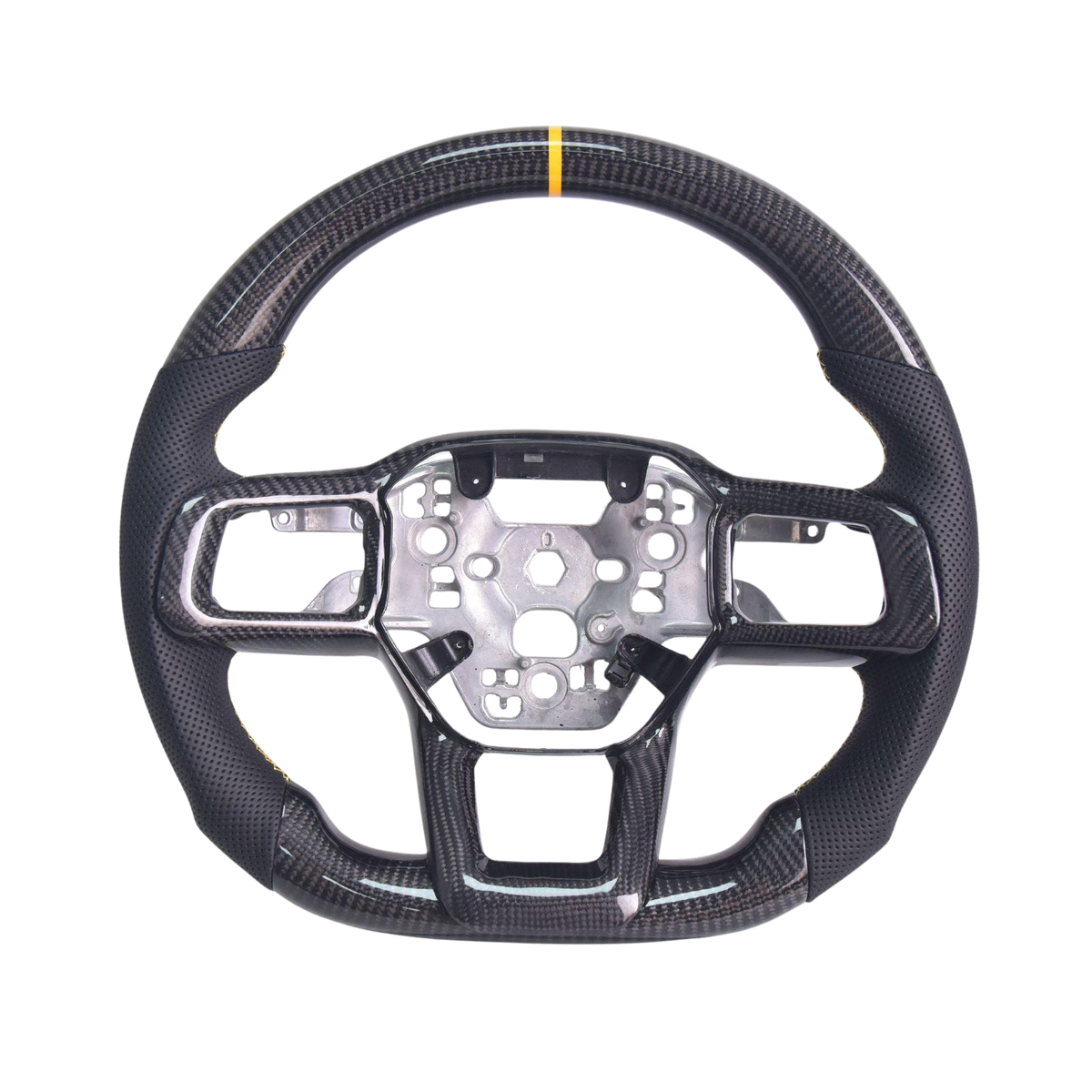 2024-Up Mustang Black Leather Yellow Stitching Carbon Fiber Steering Wheel image 1