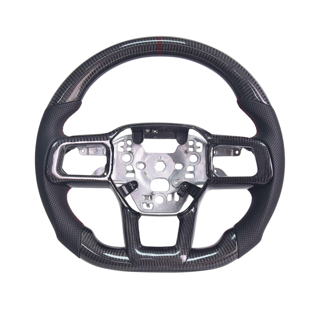 2024-Up Mustang Black Leather Deep Red Stitching Carbon Fiber Steering Wheel image 1