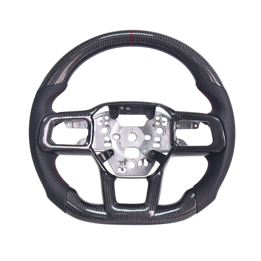 2024-Up Mustang Black Leather Deep Red Stitching Carbon Fiber Steering Wheel image 1
