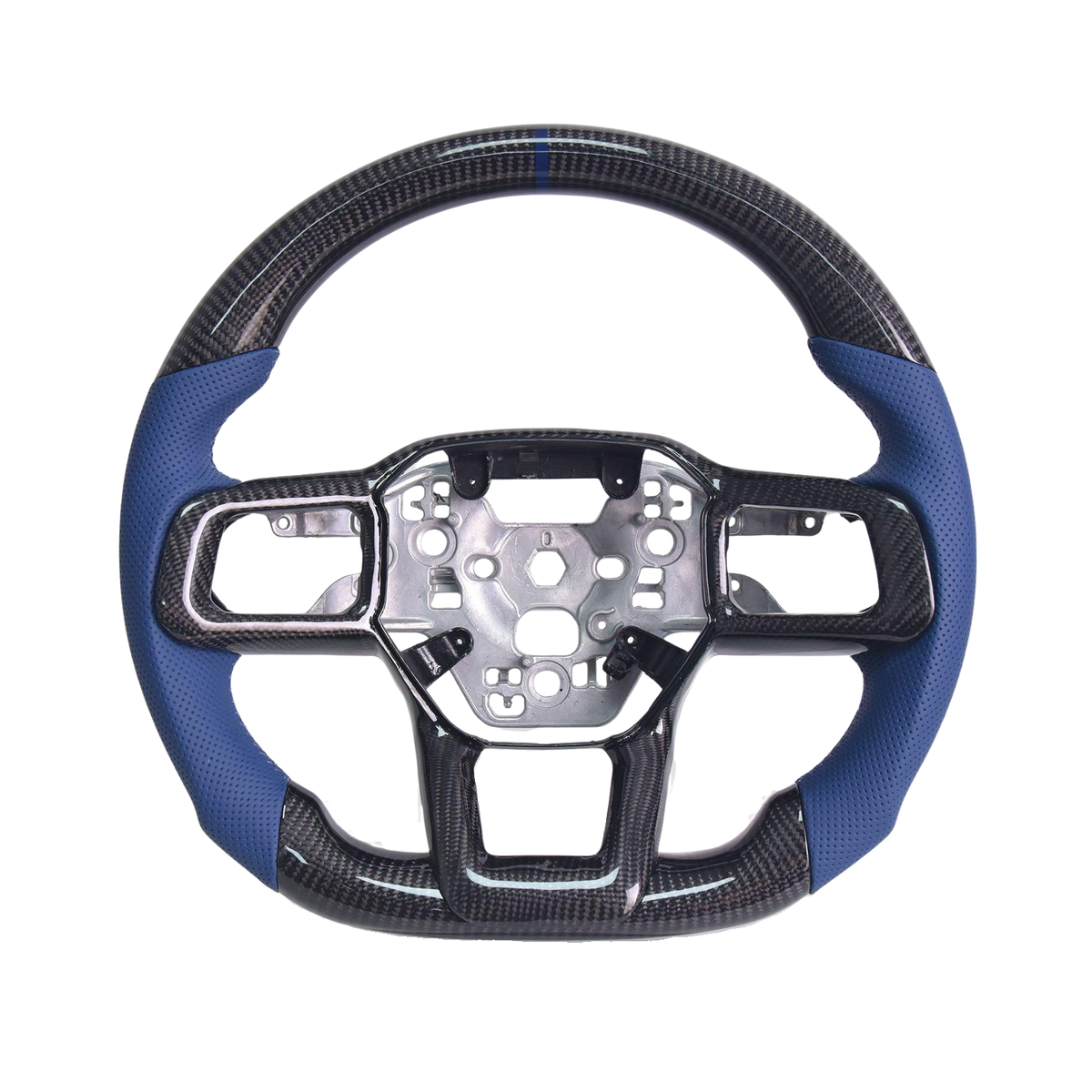 2024-Up Mustang Blue Leather Blue Stitching Carbon Fiber Steering Wheel image 1