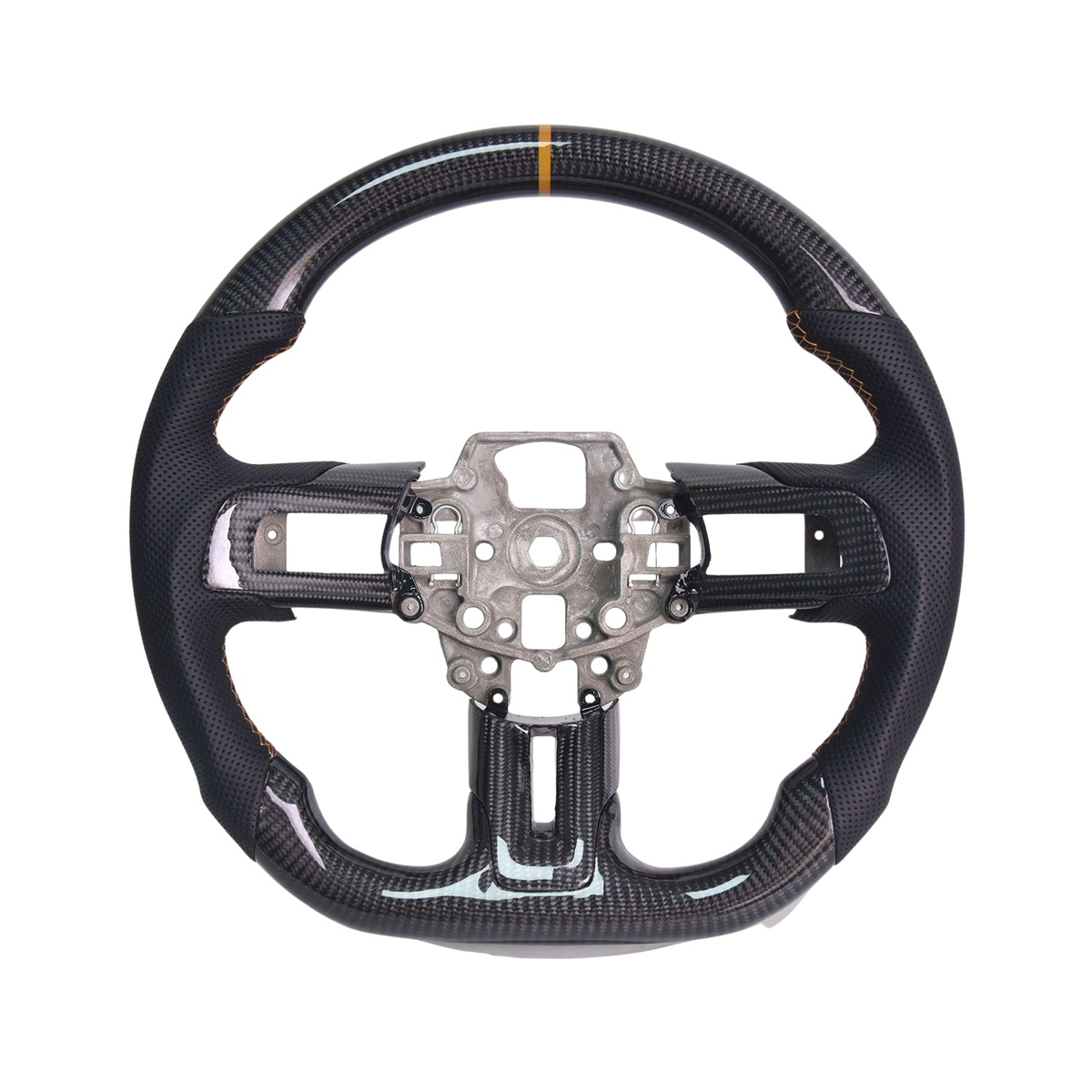 2015-23 Mustang Black Leather Brown Stitching Carbon Fiber Steering Wheel image 1