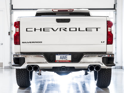 AWE 0FG Catback Split Rear Exit Exhaust for 4th Gen Silverado/Sierra 1500 6.2L (with bumper cutouts) - Quad Chrome Silver Tips image 4