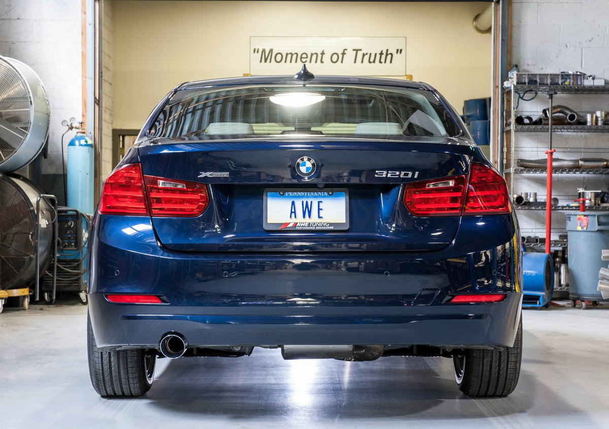AWE Touring Edition Exhaust + Performance Mid Pipe for BMW F30 320i, Single Side - Chrome Silver Tip (90mm) image 2
