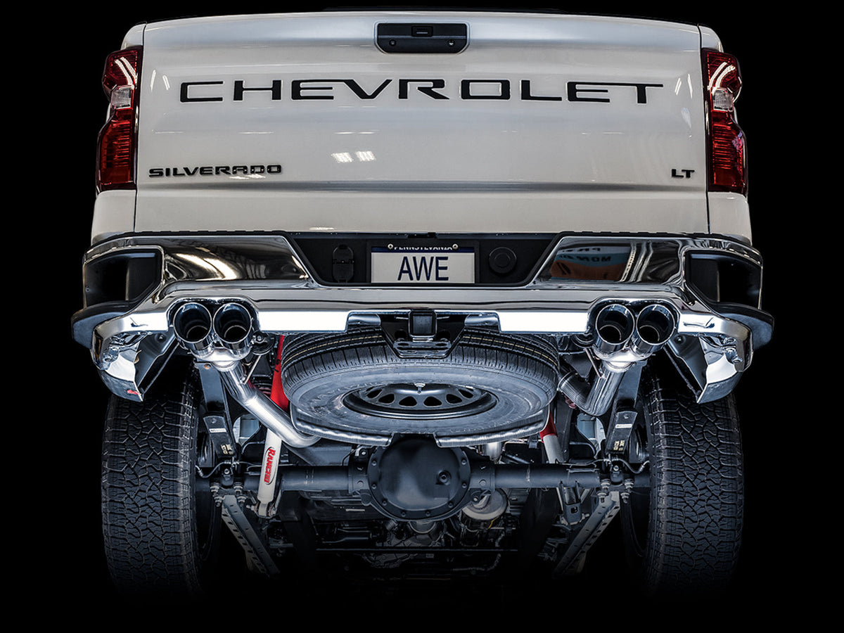 AWE 0FG Catback Split Rear Exit Exhaust for 4th Gen Silverado/Sierra 1500 5.3L (With Bumper Cutouts) - Quad Chrome Silver Tips image 4