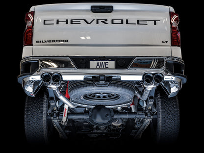 AWE 0FG Catback Split Rear Exit Exhaust for 4th Gen Silverado/Sierra 1500 5.3L (With Bumper Cutouts) - Quad Chrome Silver Tips image 4