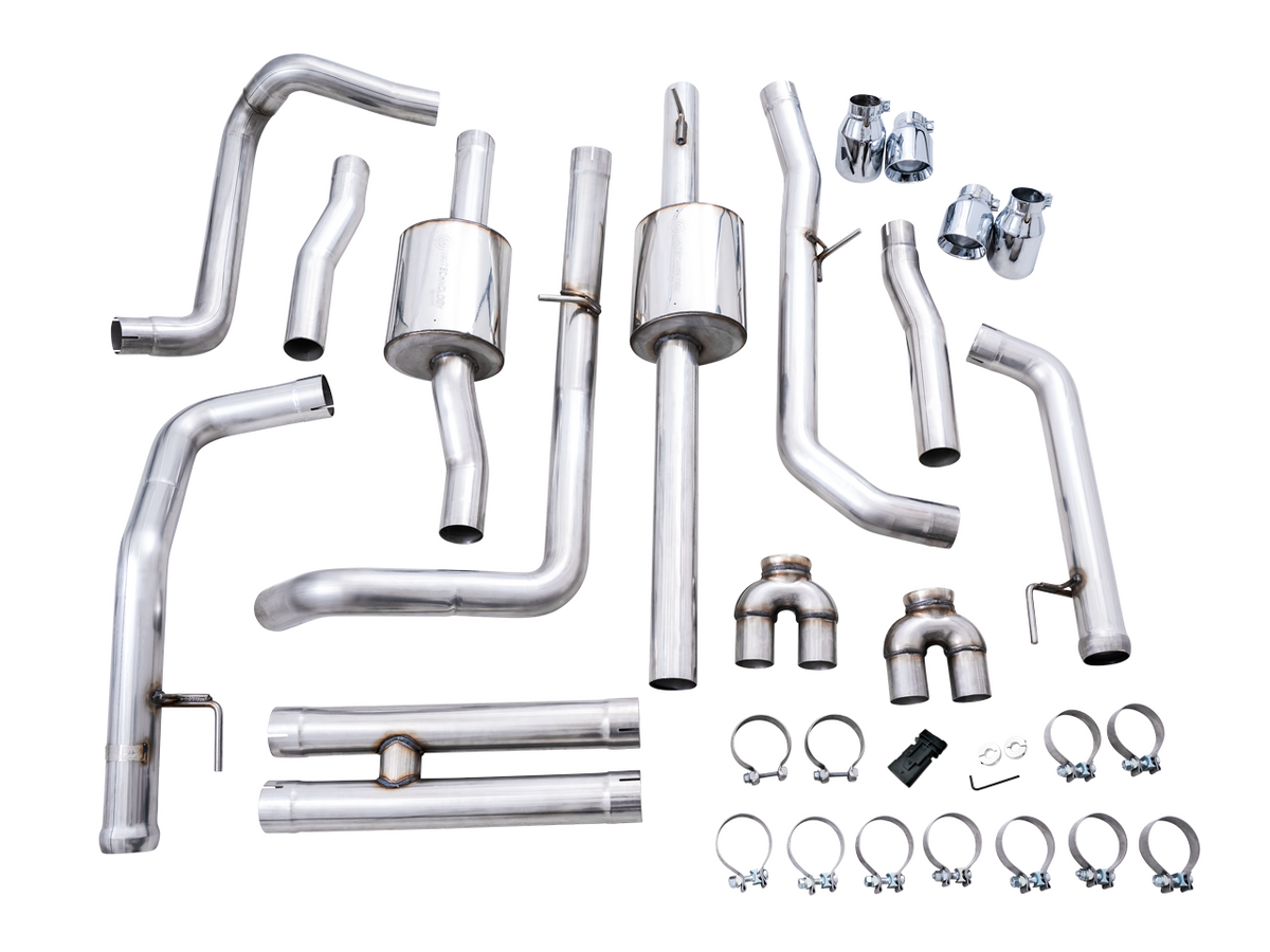 AWE 0FG Catback Split Rear Exit Exhaust for 4th Gen Silverado/Sierra 1500 6.2L (with bumper cutouts) - Quad Chrome Silver Tips image 15