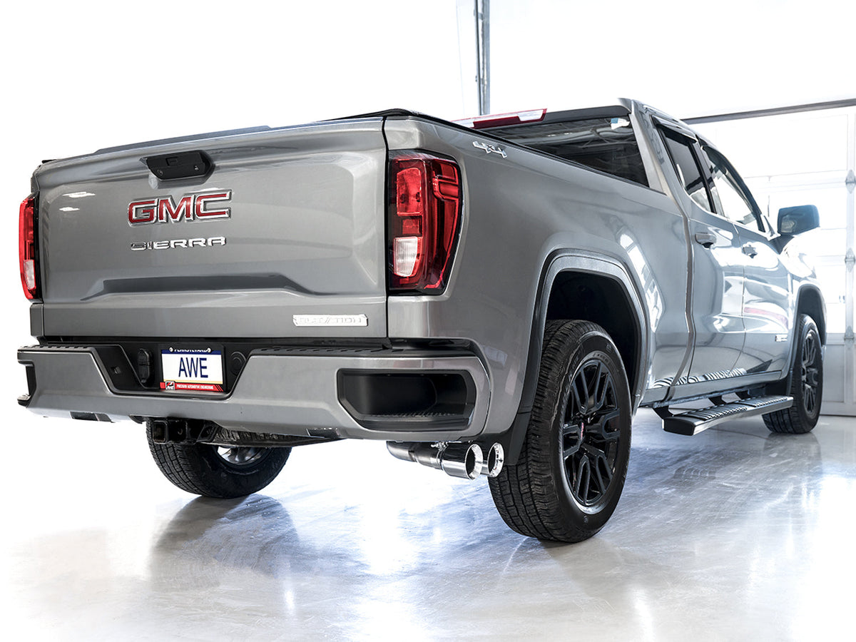 AWE 0FG Catback Dual Side Exit Exhaust for 4th Gen Silverado/Sierra 1500 5.3L (Flat Bumper) - Chrome Silver Tips image 2