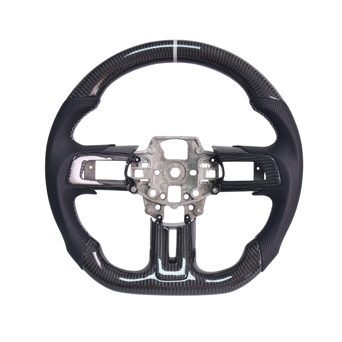 2015-23 Mustang Black Leather Gray Stitching Carbon Fiber Steering Wheel image 1