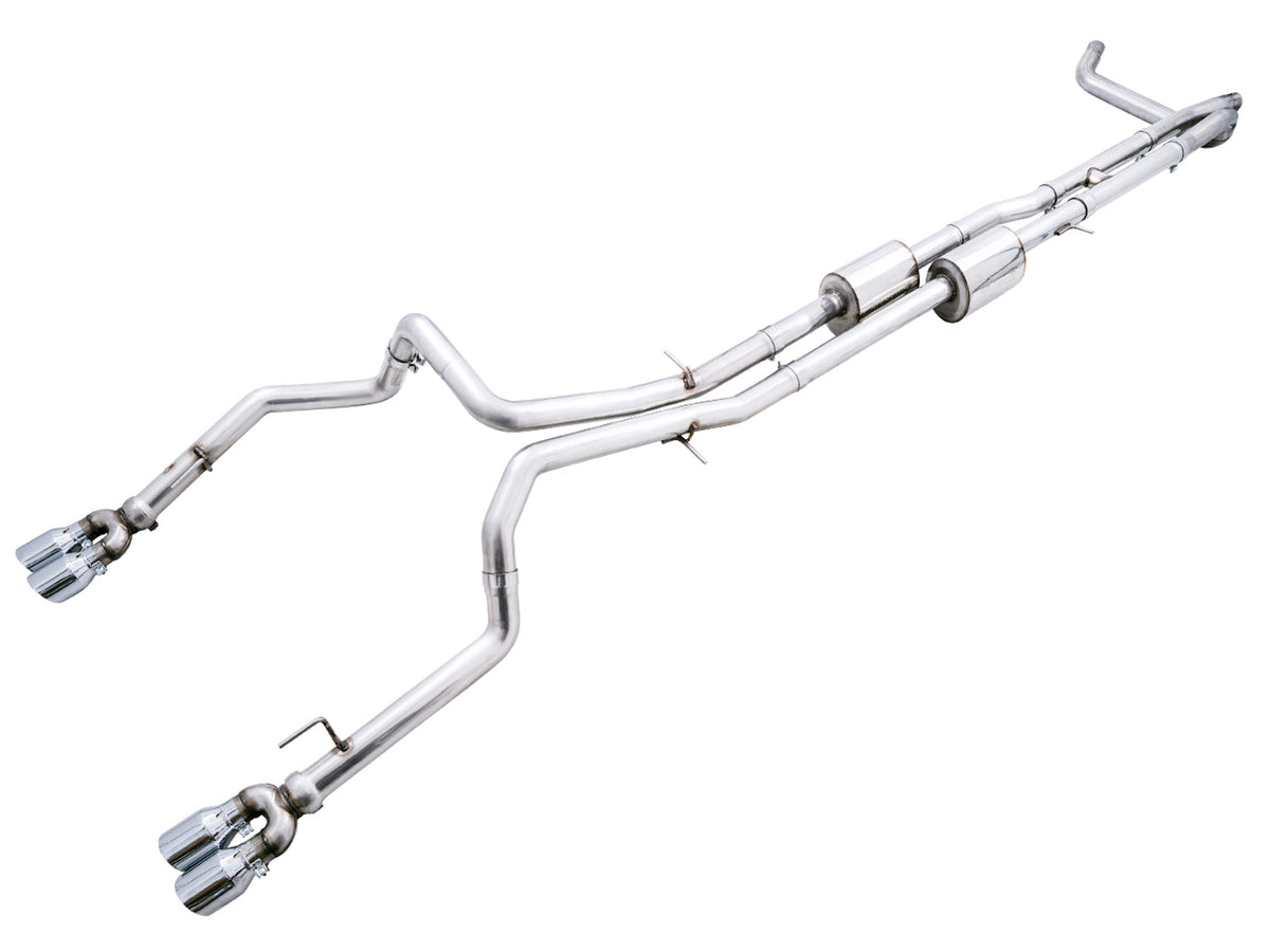 AWE 0FG Catback Split Rear Exit Exhaust for 4th Gen Silverado/Sierra 1500 6.2L (with bumper cutouts) - Quad Chrome Silver Tips image 1