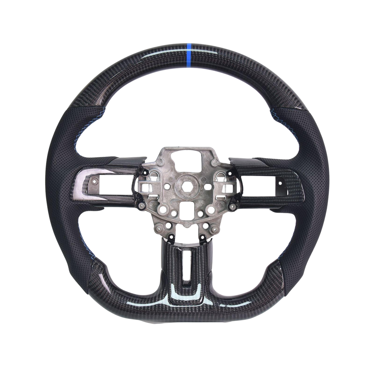 2015-23 Mustang Black Leather Blue Stitching Carbon Fiber Steering Wheel image 1