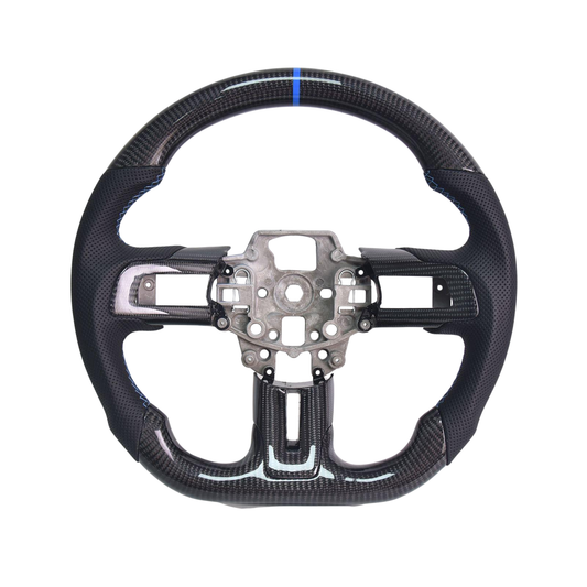2015-23 Mustang Black Leather Blue Stitching Carbon Fiber Steering Wheel image 1