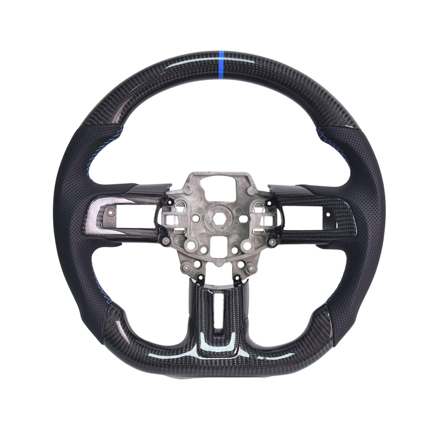 2015-23 Mustang Black Leather Blue Stitching Carbon Fiber Steering Wheel image 1