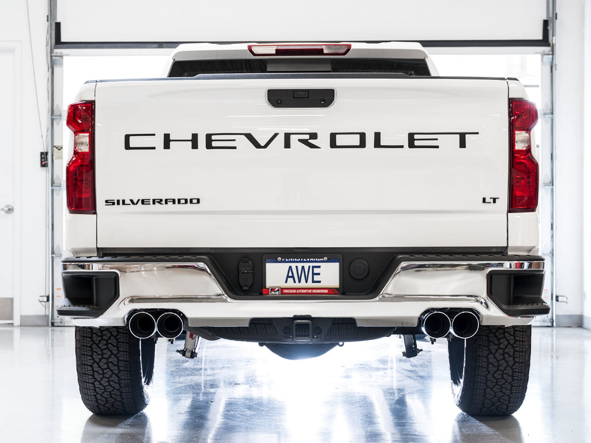 AWE 0FG Catback Split Rear Exit Exhaust for 4th Gen Silverado/Sierra 1500 5.3L (With Bumper Cutouts) - Quad Chrome Silver Tips image 2