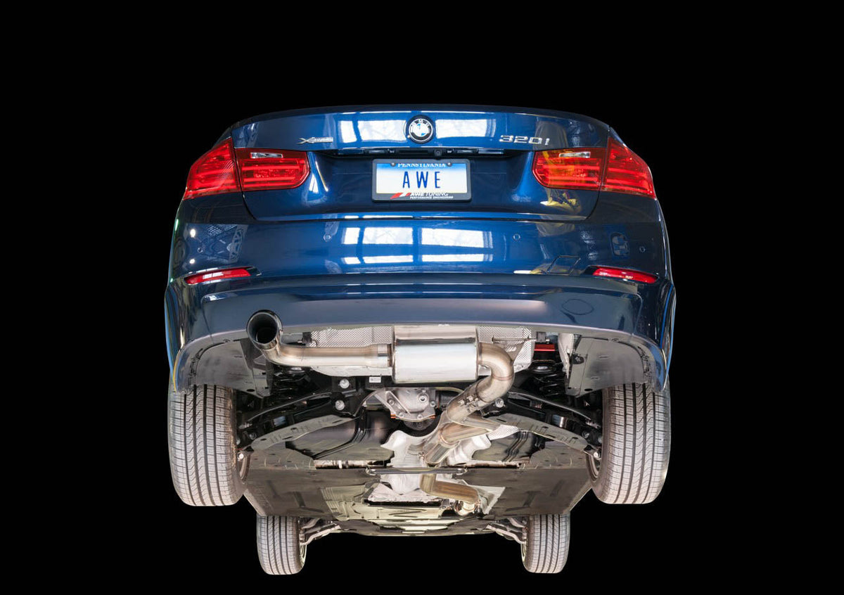 AWE Touring Edition Exhaust + Performance Mid Pipe for BMW F30 320i, Single Side - Chrome Silver Tip (102mm) image 2