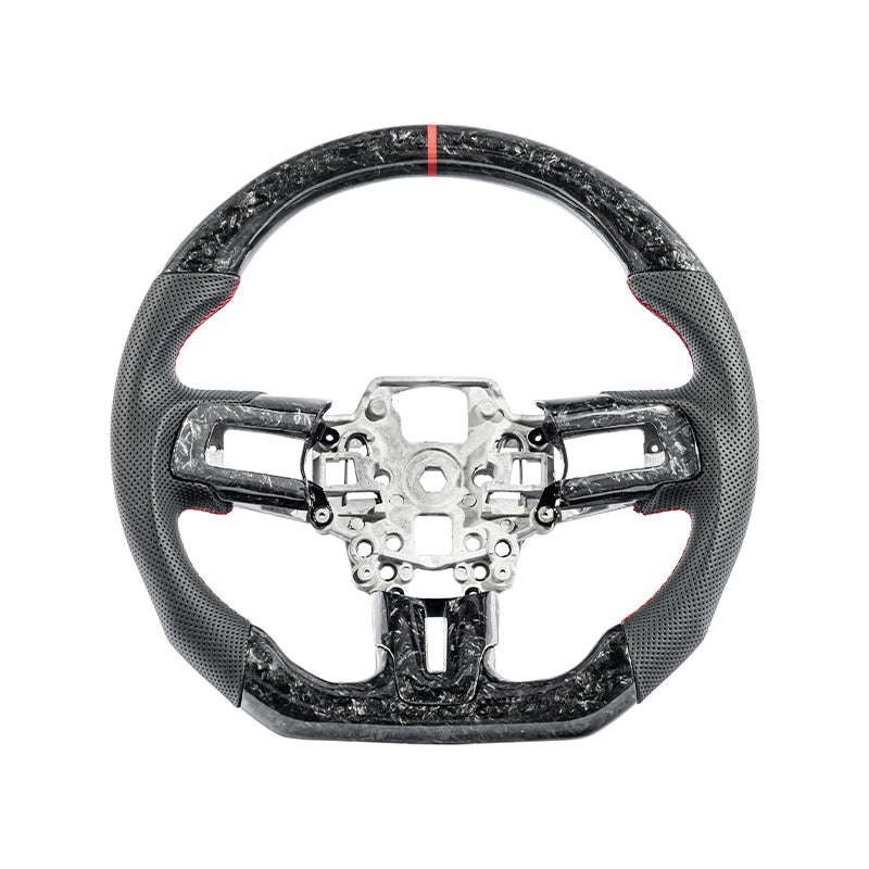 2018-23 Ford Mustang Forged Carbon Fiber Perforated Leather Steering Wheel | Red Stripe image 1