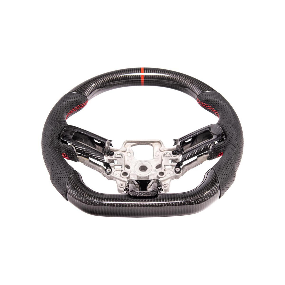 2015-23 Mustang Black Leather Red Stitching Carbon Fiber Steering Wheel image 11