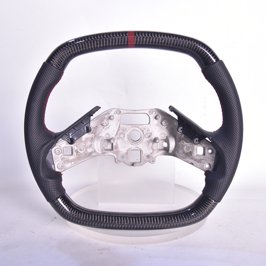 Corvette C8 Carbon Fiber Steering Wheel Black Perforated Leather Burgundy Stitching Burgundy Stripe image 1