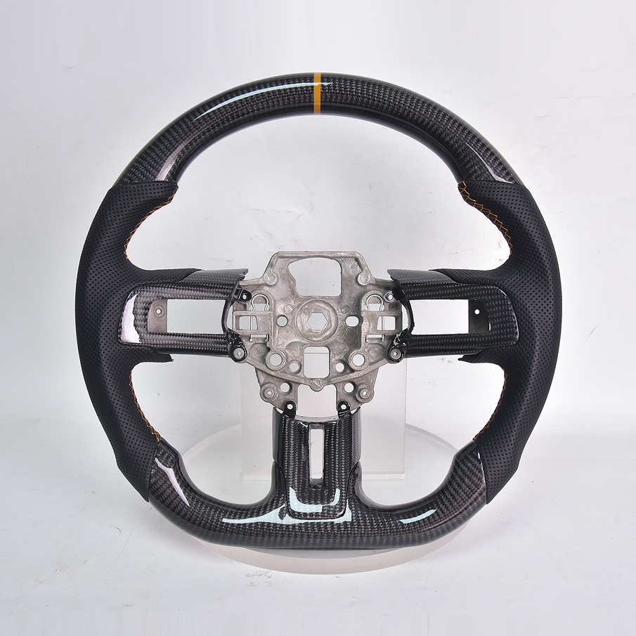 2015-17 Mustang Carbon Fiber Steering Wheel Black Perforated Leather Orange Stitching Orange Stripe image 1