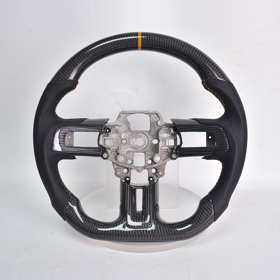 2015-17 Mustang Carbon Fiber Steering Wheel Black Perforated Leather Orange Stitching Orange Stripe image 1