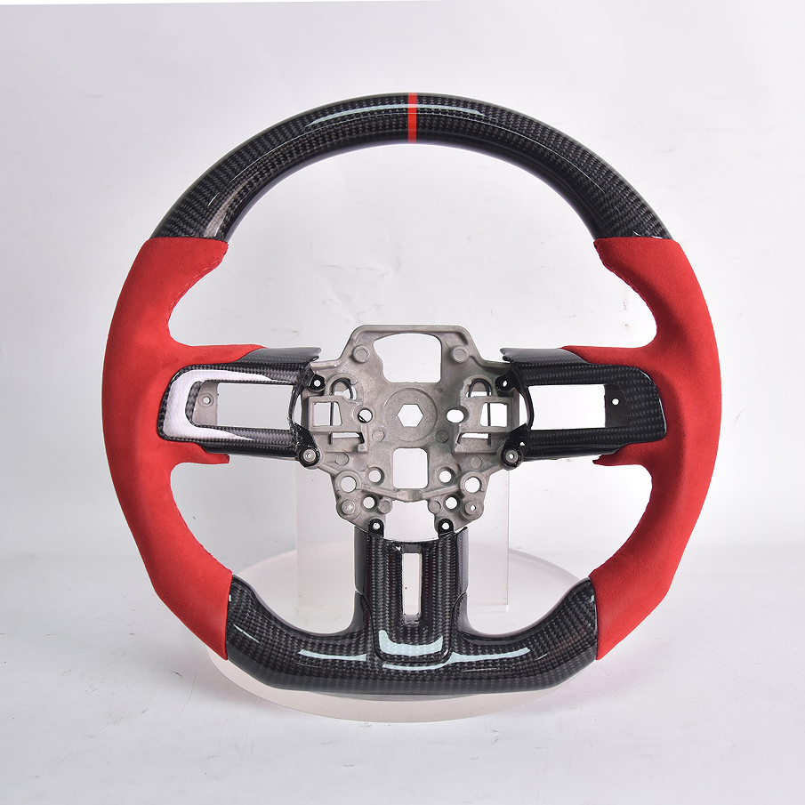 2015-17 Mustang Carbon Fiber Steering Wheel Red Suede Red Stitching Red Stripe image 1