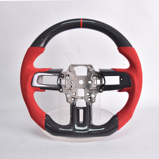 2015-17 Mustang Carbon Fiber Steering Wheel Red Suede Red Stitching Red Stripe image 1
