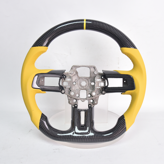 2018-23 Mustang Carbon Fiber Steering Wheel Yellow Perforated Leather Yellow Stitching Yellow Stripe image 1