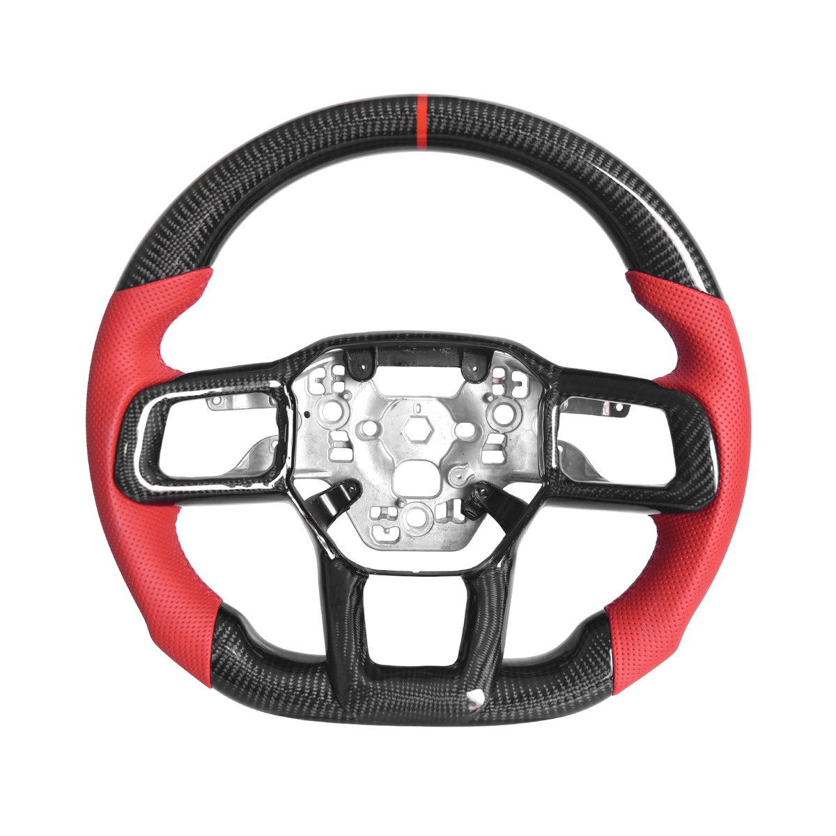 2024-Up Mustang Carbon Fiber Steering Wheel Red Perforated Leather Red Stitching Red Stripe image 1